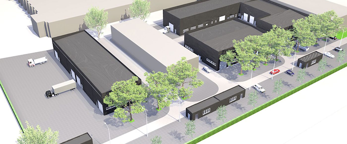 Visualisierung der Gewerbehalle in Lünen mit Büros und roten Farbakzenten