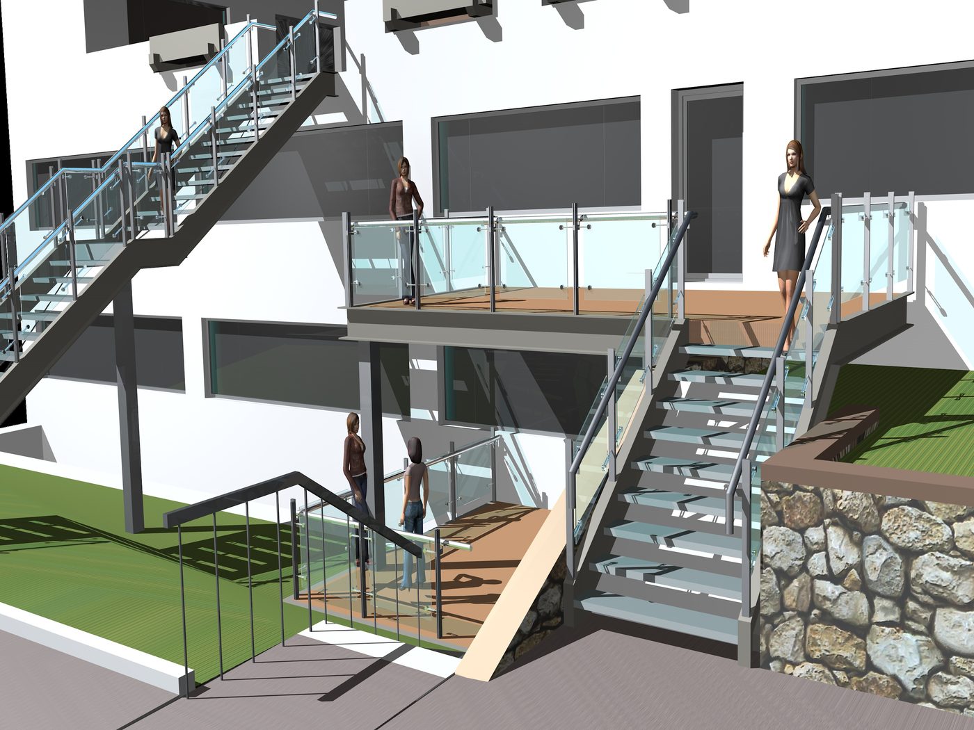 Visualisierung der neuen Stahltreppe an der Glasfassade des TRD-Gebäudes