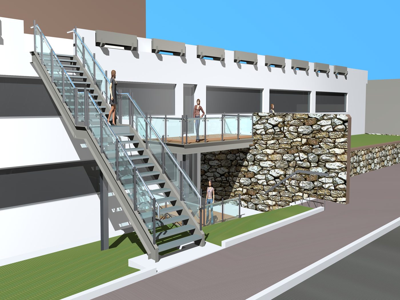 Stahltreppenanlage vor Natursteinmauer, Visualisierung