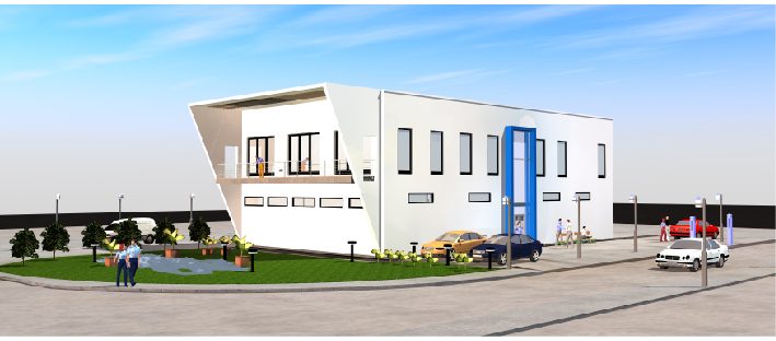 Visualisierung der Lagerhalle mit Büros: weißer, schiffsartiger Baukörper mit blauen Fassadenelementen