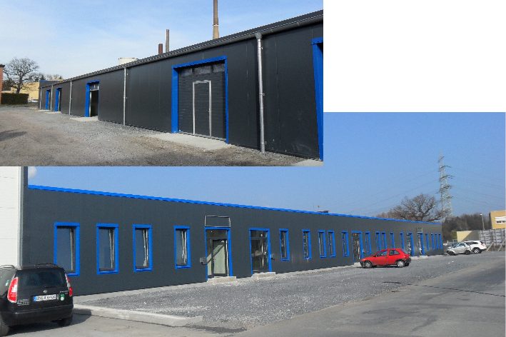 Industriehalle mit blauer Fassade und Büros in Lünen