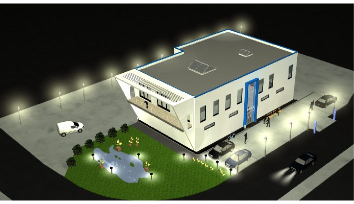 Nachtvisualisierung der Lagerhalle mit beleuchteter Fassade